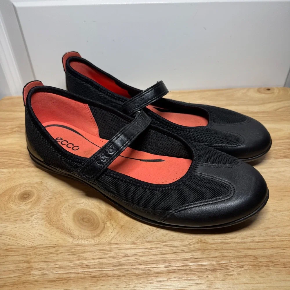 ECCO Womens Black Leather Mesh Mary Jane Flat Comfort Foam Shoes EU 41